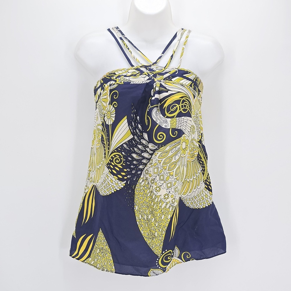 Liquid Silk‎ Top Womens 6 Blue Yellow Abstract Art Festival Boho Tank